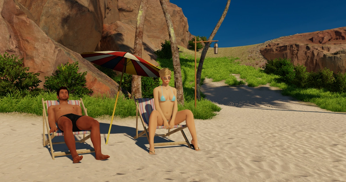 A couple of avatars lounging at the beach in 3DXchat